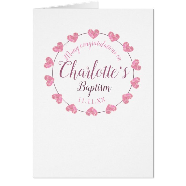 daughter's pink & white baptism congratulations cards (Front)