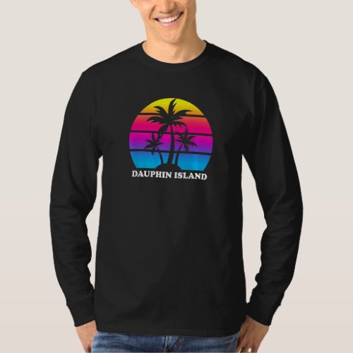 Dauphin Island Alabama Retro Palm Tree Sunset Vaca T_Shirt