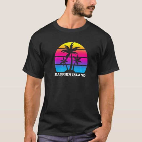 Dauphin Island Alabama Retro Palm Tree Sunset Vaca T_Shirt