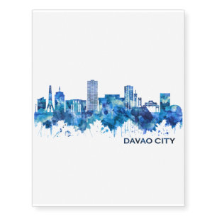 Davao City Philippines Skyline Blue Temporary Tattoos