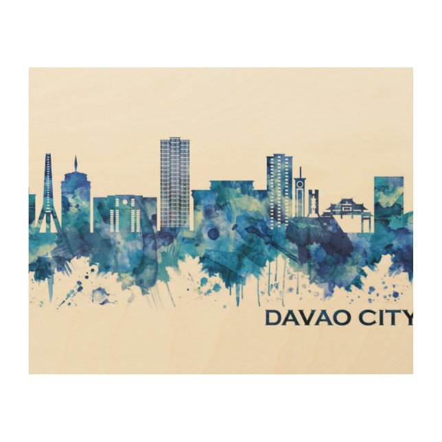 Davao City Philippines Skyline Blue Wood Wall Art (Front)