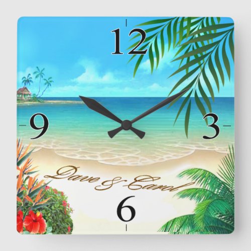 Dave Exotic Beach ASK 4 YOUR NAMES IN SAND Square Wall Clock