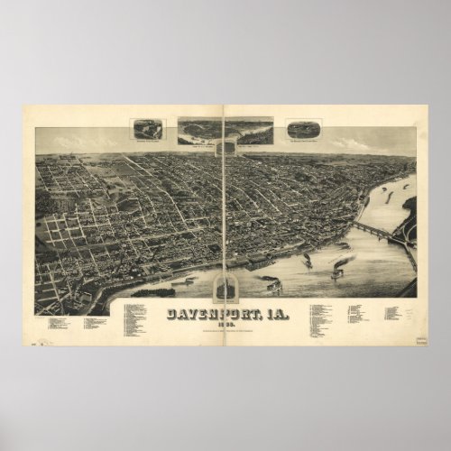Davenport  Iowa 1868 Antique Panoramic Map Poster