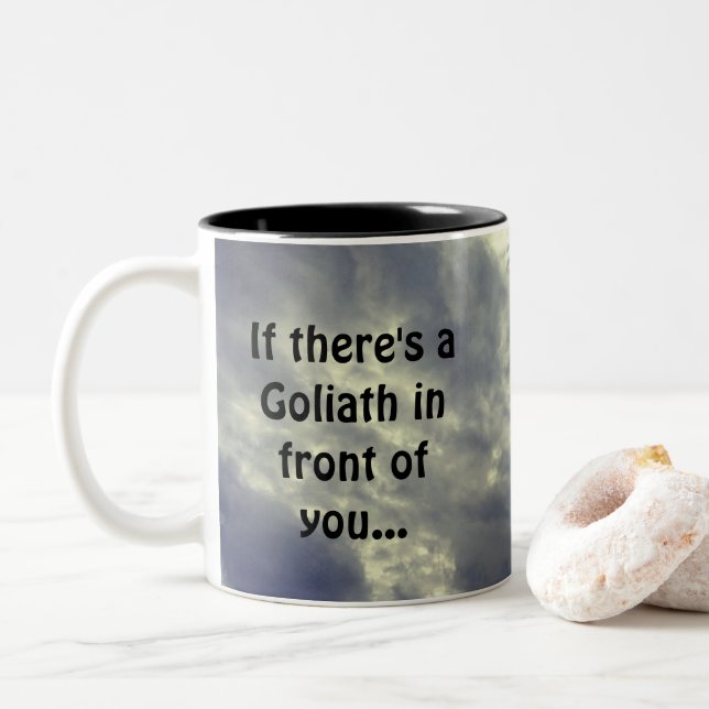 David and Goliath Quote  Two-Tone Coffee Mug (With Donut)