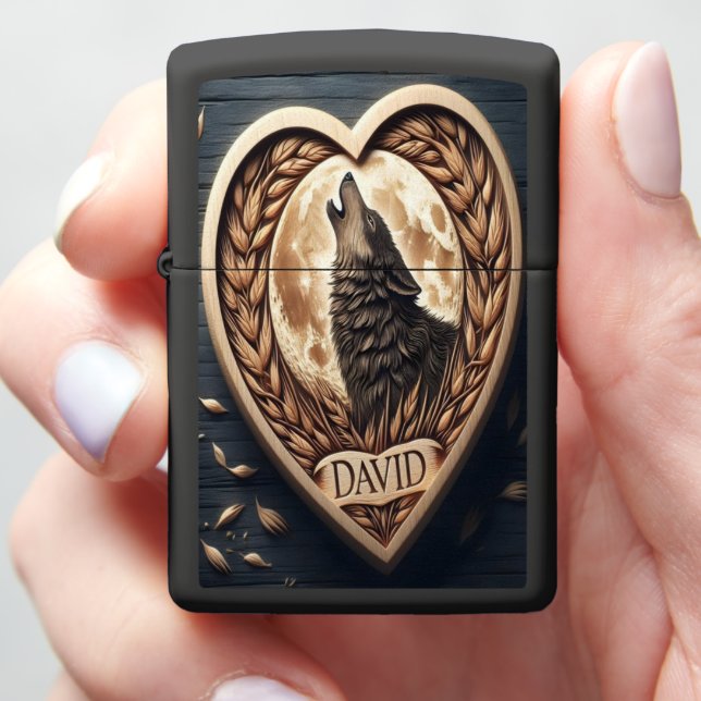 David Carved Wolf Under Moonlight Zippo Lighter (In Hand)