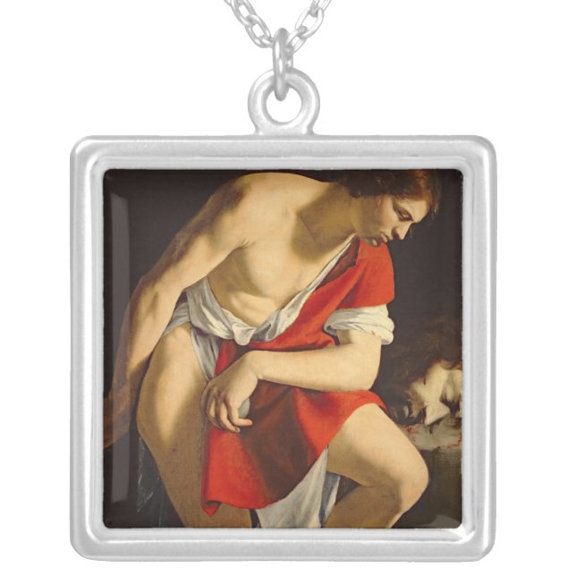 David contemplating the head of Goliath Silver Plated Necklace (Front)