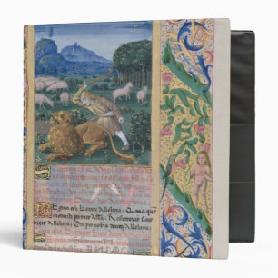 David defending his father's sheep against a 3 ring binder