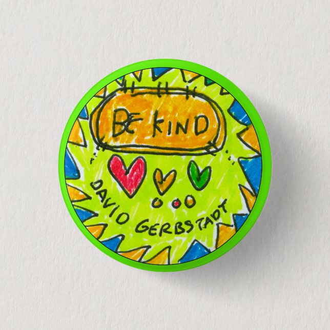 david gerbstadt, be kind, button, 3 hearts, pinback button (Front)