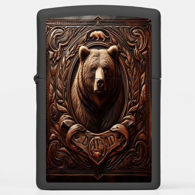 David Grizzly Bear Leather Carving Zippo Lighter (Front)