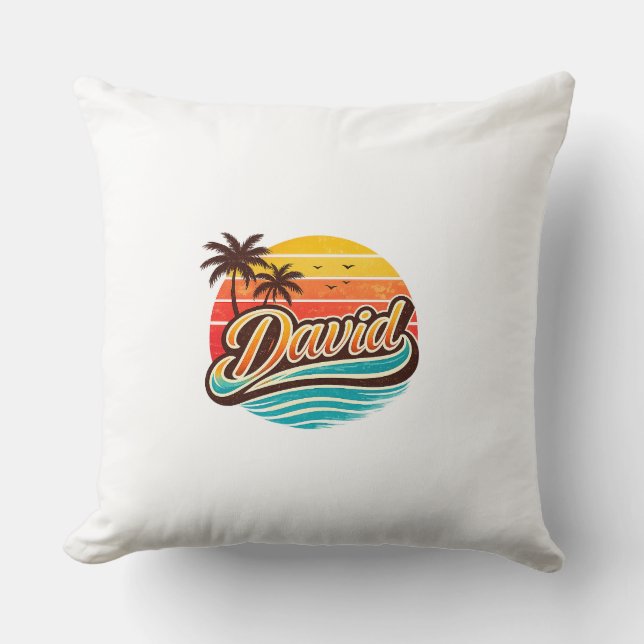 David Retro Sunset Tropical Name Design Throw Pillow (Front)
