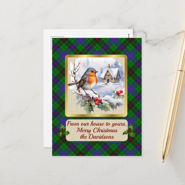 Davidson Tartan w/Robin Personalized   Holiday Postcard (Front/Back In Situ)
