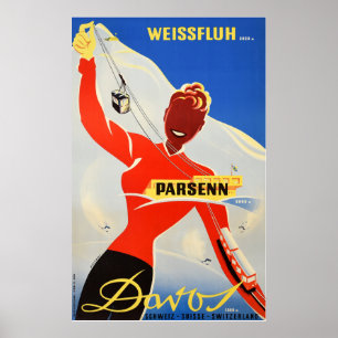 Davos Parsenn, Girl Riding Cable Car and Ski Lift Poster