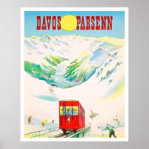 Davos Parsenn railway, red train, vintage travel Poster
