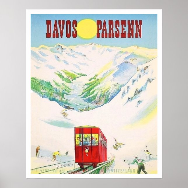 Davos Parsenn railway, red train, vintage travel Poster (Front)