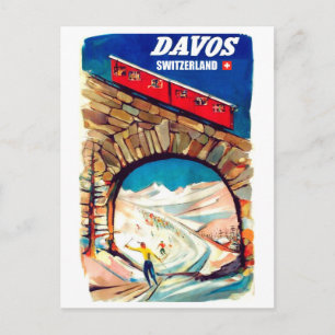 Davos, red cable car on the bridge, Switzerland Postcard