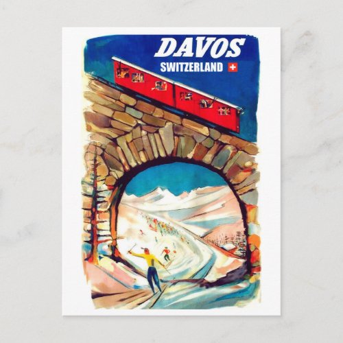 Davos red cable car on the bridge Switzerland Postcard