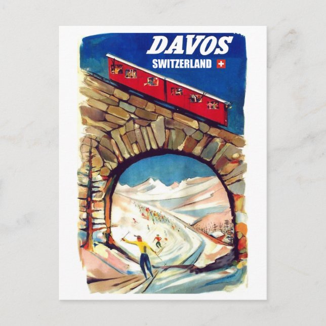 Davos, red cable car on the bridge, Switzerland Postcard (Front)