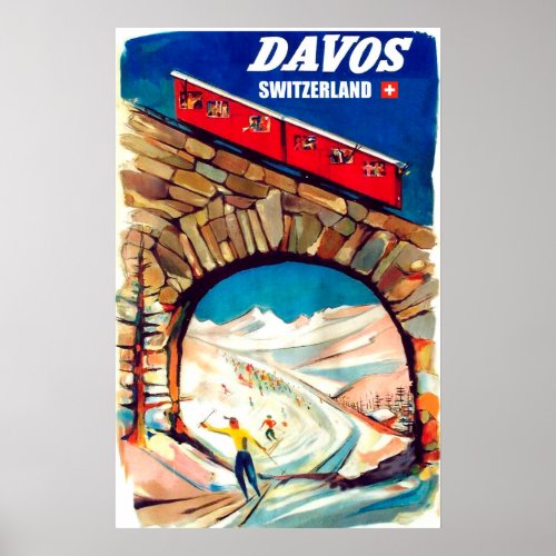 Davos red cable car on the bridge Switzerland Poster