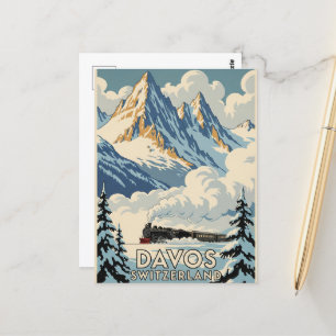 Davos Switzerland Train Travel Art Vintage  Postcard
