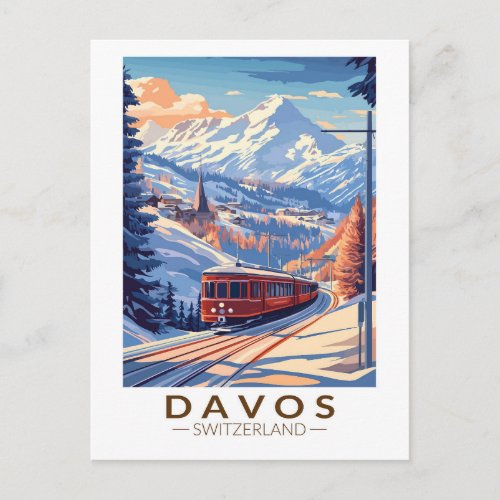 Davos Switzerland Train Travel Art Vintage Postcard