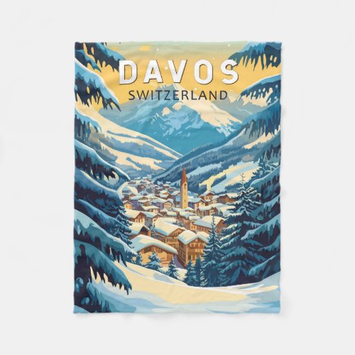 Davos Switzerland Travel Art Vintage Fleece Blanket