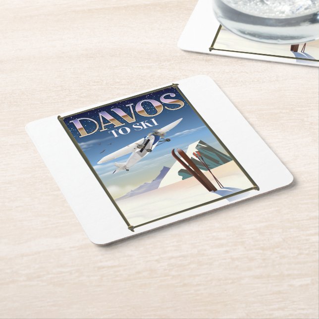 Davos Switzerland travel poster Square Paper Coaster (Angled)