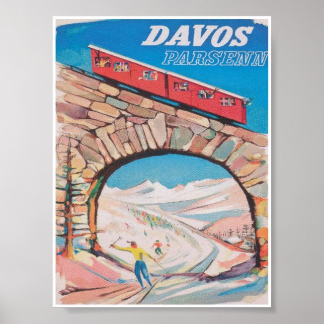 Davos Switzerland Vintage Ski Travel Poster (Front)