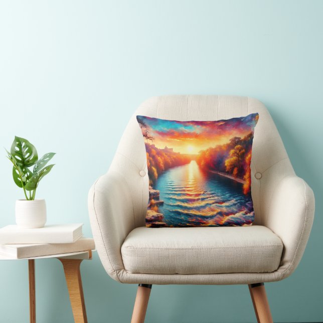 "Dawn’s Tranquil Embrace: Comal River Sunrise" Throw Pillow (Chair)