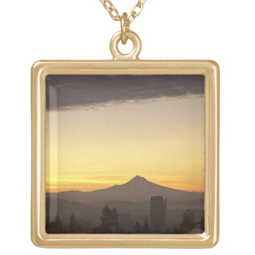 Dawn sky over Portland and Mt Hood Oregon Gold Plated Necklace