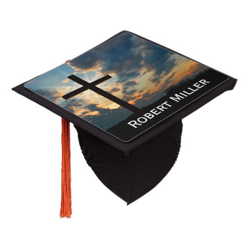 Dawn Sunrise Christ Jesus Cross Mortar Board NAME Graduation Cap Topper