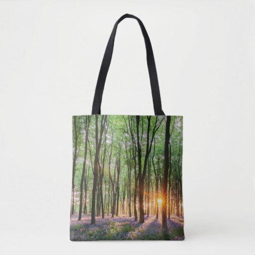 Dawn sunrise path in bluebell forest England Tote Bag