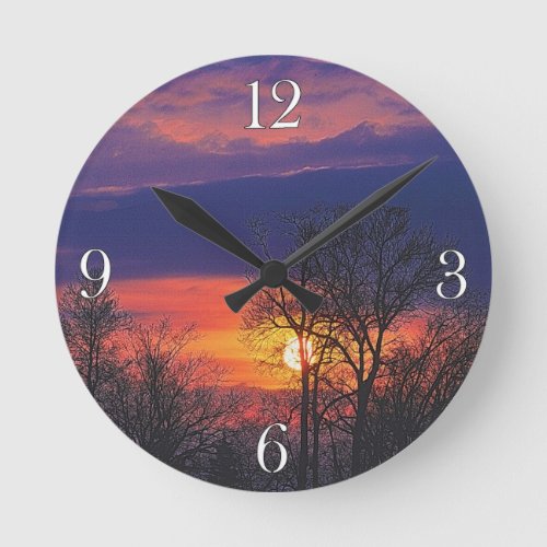 Dawn Sunrise  Tree Branches Nature Art 2 Round Clock