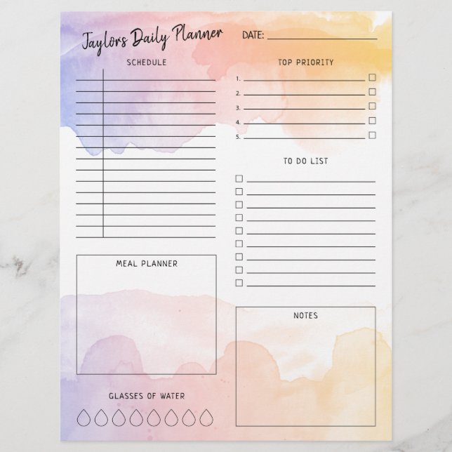 Dawn Watercolor Ombre Daily Planner Sheet (Front)