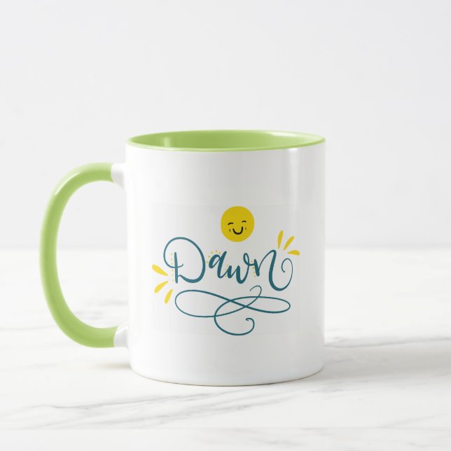 Dawn with face, hand lettered mug (Left)