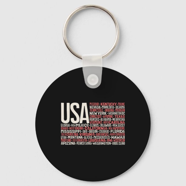 Day 4th July Usa Flag America State Map Names  Keychain (Front)