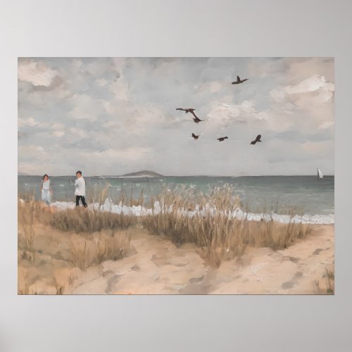 Day at the beach _ vintage art _ oil painting  poster