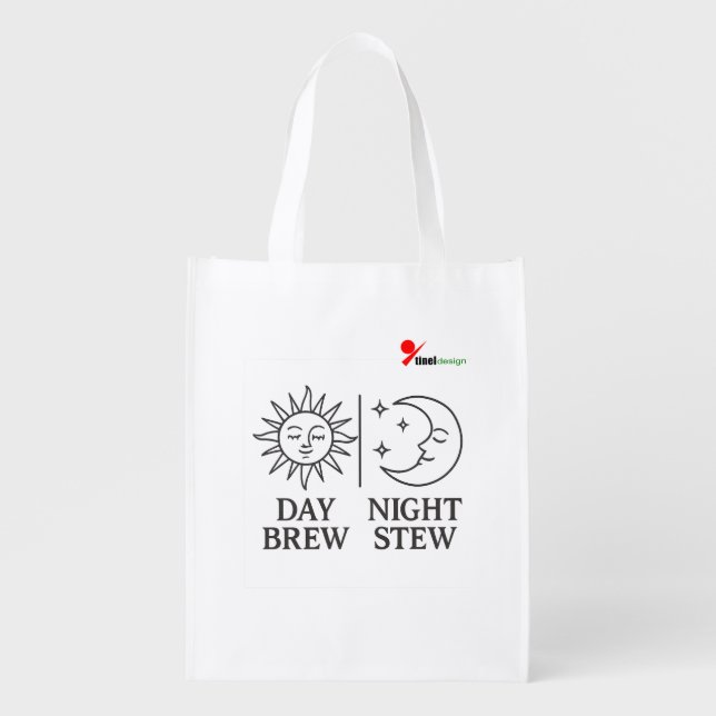"Day Brew / Night Stew" Sun & Moon Reusable Tote B (Front)
