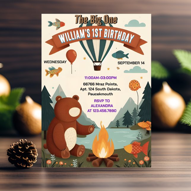 Day Brown Fun Fish Boy Cute Baby Bear 1st Birthday Invitation (Creator Uploaded)