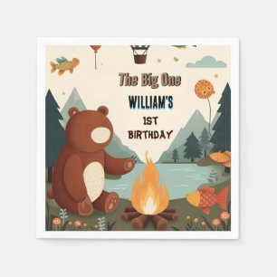 Day Brown Fun Fish Boy Cute Baby Bear 1st Birthday Napkins