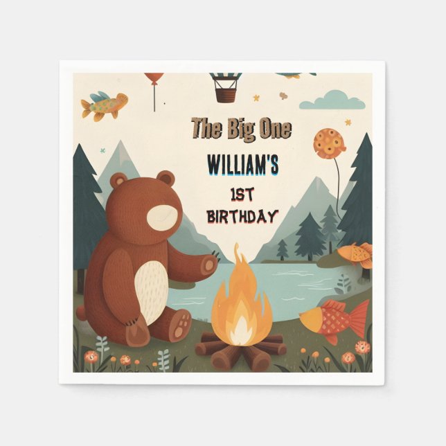 Day Brown Fun Fish Boy Cute Baby Bear 1st Birthday Napkins (Front)