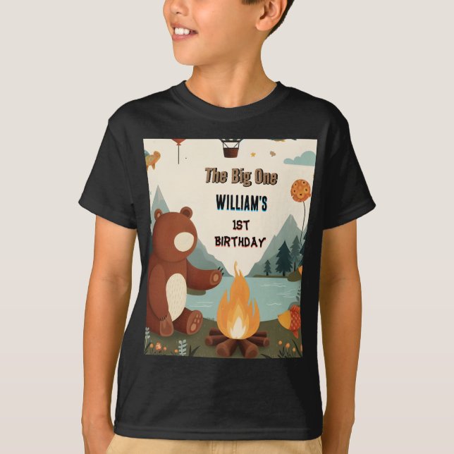 Day Brown Fun Fish Boy Cute Baby Bear 1st Birthday T-Shirt (Front)