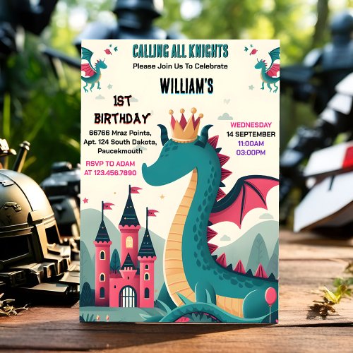 Day Cute Kids Hero Boys Girls Dragon 1st Birthday Invitation