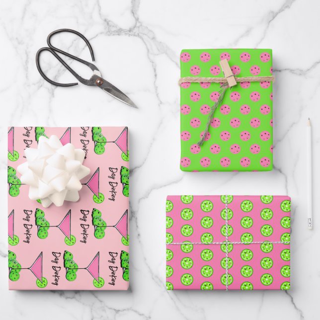 Day Dinking Cosmo Pink Cocktail, Pickleball Limes Wrapping Paper Sheets (Front)