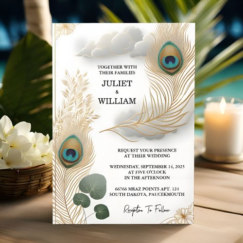 Day Feather Rustic Asian Sky Cloud Peacock Wedding Invitation