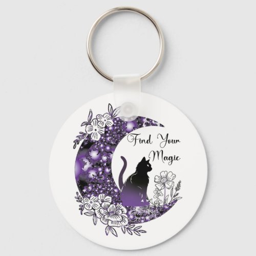 Day Graphic Mystical Celestial Black Cat Moon  Keychain