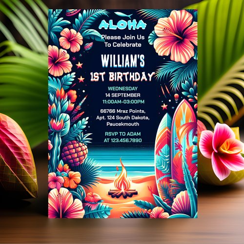 Day Joy hula Luau Surf Aloha Hawaiian 1st Birthday Invitation