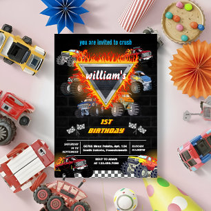 day kids boy cars cool monster truck 1st birthday invitation