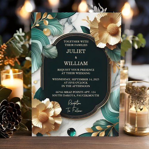 Day Marble Monstera Emerald Green And Gold Wedding Invitation