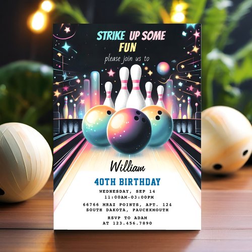 Day Neon Boy Kids Team Event Bowling 21st Birthday Invitation