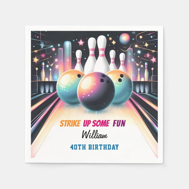 Day Neon Boy Kids Team Event Bowling 21st Birthday Napkins (Front)